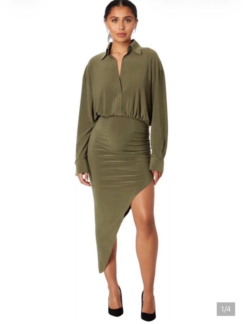 Norma Kamali Olive Asymmetrical Shirt Dress